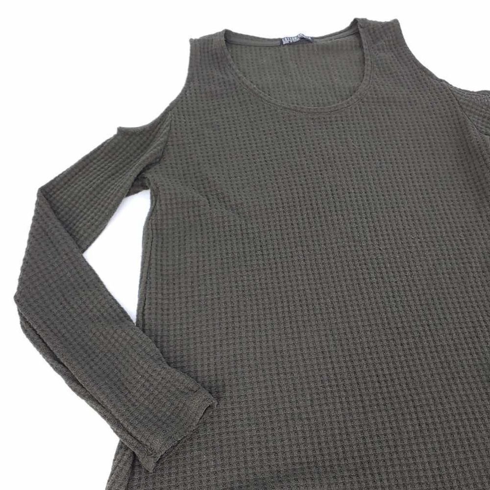 Cotton-On Women's Medium Waffle Olive Green Cold Shoulder Scoop Neck Top Pull On